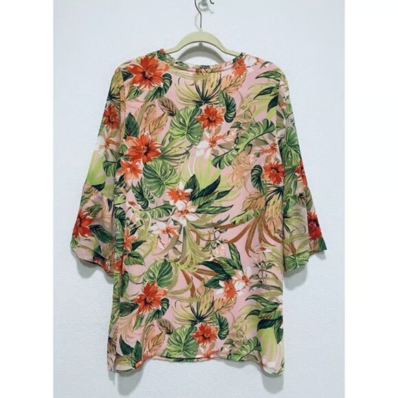 J Jill Dress Womens Medium Tropical Floral Bell Sleeve Tassel Tie Tunic Beachy - Picture 4 of 5